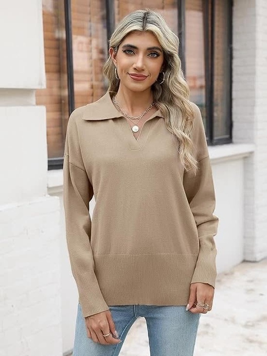 LILLUSORY Sweaters - Lillusory Women's Oversized Collared V-Neck Knit Sweater